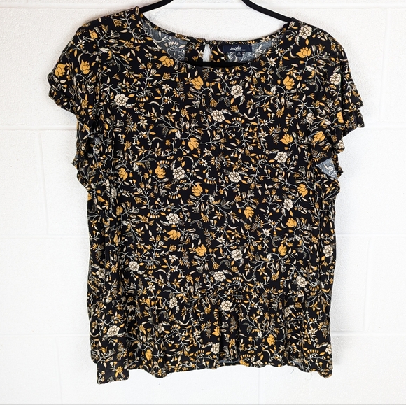 Angels 1X Flowy Ruffle Sleeve Peplum Top Ditsy Floral Mustard Black Blouse - Picture 3 of 10